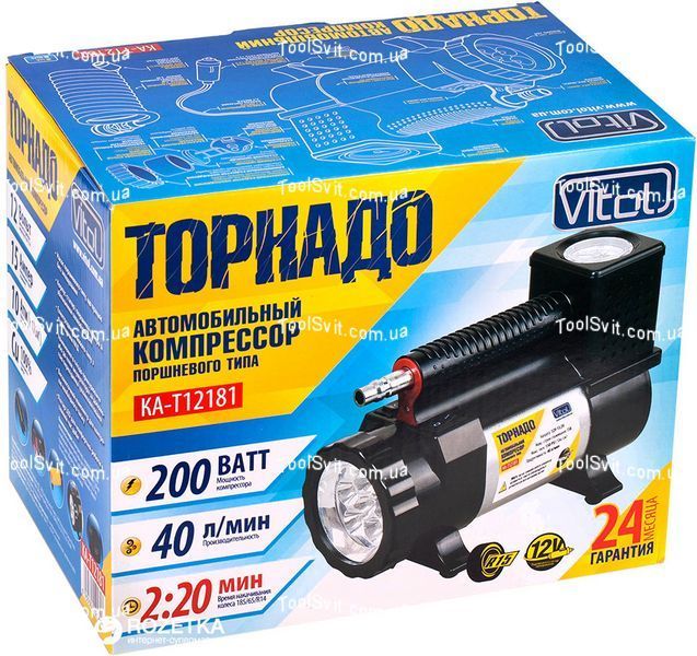 Компрессор автомобильный Торнадо Vitol КА-Т12181 с фонариком+переходники/шланг 3 м КА-Т12181 фото